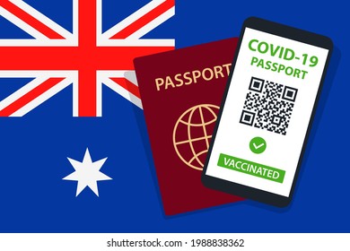 Covid-19 Passport on Australia Flag Background. Vaccinated. QR Code. Smartphone. Immune Health Cerificate. Vaccination Document. Vector