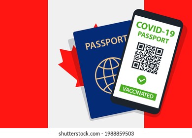 Covid-19 Passport on Canada Flag Background. Vaccinated. QR Code. Smartphone. Immune Health Cerificate. Vaccination Document. Vector