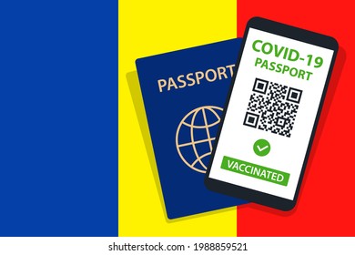 Covid-19 Passport on Chad Flag Background. Vaccinated. QR Code. Smartphone. Immune Health Cerificate. Vaccination Document. Vector