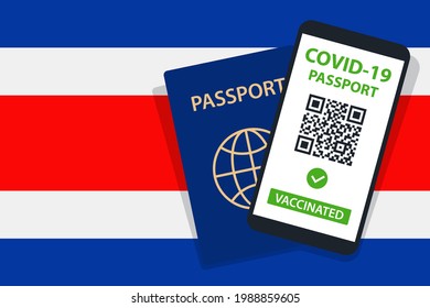 Covid-19 Passport on Costa Rica Flag Background. Vaccinated. QR Code. Smartphone. Immune Health Cerificate. Vaccination Document. Vector