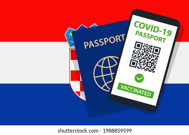 Covid-19 Passport on Croatia Flag Background. Vaccinated. QR Code. Smartphone. Immune Health Cerificate. Vaccination Document. Vector