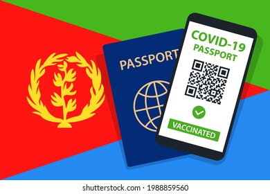Covid-19 Passport on Eritrea Flag Background. Vaccinated. QR Code. Smartphone. Immune Health Cerificate. Vaccination Document. Vector