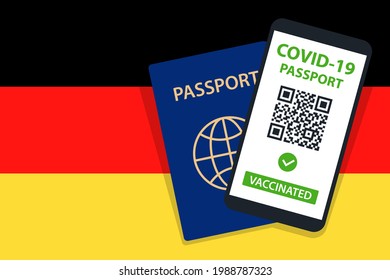 Covid-19 Passport on Germany Flag Background. Vaccinated. QR Code. Smartphone. Immune Health Cerificate. Vaccination Document. Vector