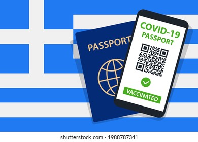 Covid-19 Passport on Greece Flag Background. Vaccinated. QR Code. Smartphone. Immune Health Cerificate. Vaccination Document. Vector