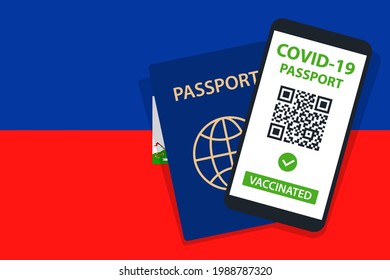 Covid-19 Passport on Haiti Flag Background. Vaccinated. QR Code. Smartphone. Immune Health Cerificate. Vaccination Document. Vector