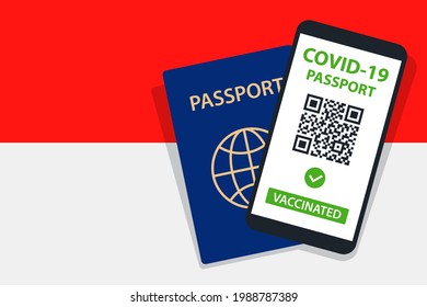 Covid-19 Passport on Indonesia Flag Background. Vaccinated. QR Code. Smartphone. Immune Health Cerificate. Vaccination Document. Vector