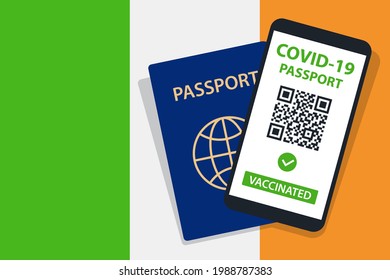 Covid-19 Passport on Ireland Flag Background. Vaccinated. QR Code. Smartphone. Immune Health Cerificate. Vaccination Document. Vector