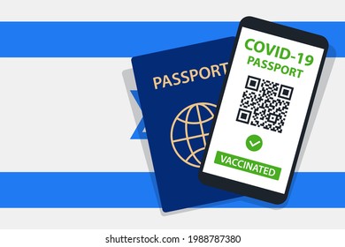 Covid-19 Passport on Israel Flag Background. Vaccinated. QR Code. Smartphone. Immune Health Cerificate. Vaccination Document. Vector