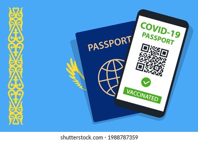 Covid-19 Passport on Kazakhstan Flag Background. Vaccinated. QR Code. Smartphone. Immune Health Cerificate. Vaccination Document. Vector