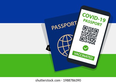 Covid-19 Passport on Lesotho Flag Background. Vaccinated. QR Code. Smartphone. Immune Health Cerificate. Vaccination Document. Vector