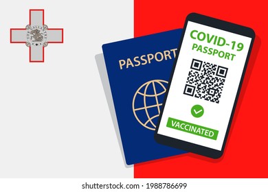 Covid-19 Passport on Malta Flag Background. Vaccinated. QR Code. Smartphone. Immune Health Cerificate. Vaccination Document. Vector