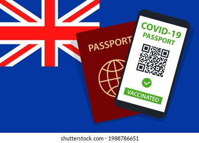 Covid-19 Passport on New Zealand Flag Background. Vaccinated. QR Code. Smartphone. Immune Health Cerificate. Vaccination Document. Vector