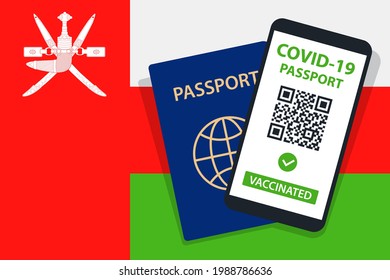 Covid-19 Passport on Oman Flag Background. Vaccinated. QR Code. Smartphone. Immune Health Cerificate. Vaccination Document. Vector