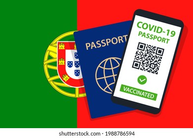 Covid-19 Passport on Portugal Flag Background. Vaccinated. QR Code. Smartphone. Immune Health Cerificate. Vaccination Document. Vector