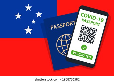 Covid-19 Passport on Samoa Flag Background. Vaccinated. QR Code. Smartphone. Immune Health Cerificate. Vaccination Document. Vector