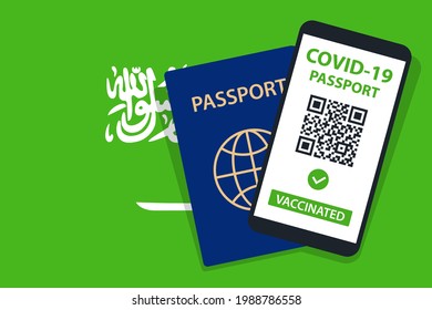 Covid-19 Passport on Saudi Arabia Flag Background. Vaccinated. QR Code. Smartphone. Immune Health Cerificate. Vaccination Document. Vector