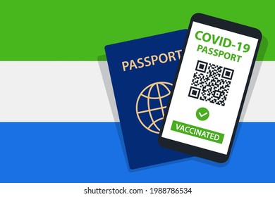 Covid-19 Passport on Sierra Leone Flag Background. Vaccinated. QR Code. Smartphone. Immune Health Cerificate. Vaccination Document. Vector