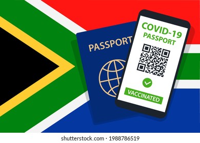 Covid-19 Passport on South Africa Flag Background. Vaccinated. QR Code. Smartphone. Immune Health Cerificate. Vaccination Document. Vector