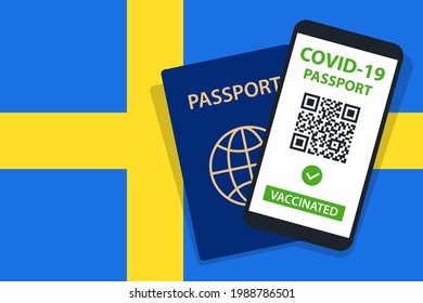 Covid-19 Passport on Sweden Flag Background. Vaccinated. QR Code. Smartphone. Immune Health Cerificate. Vaccination Document. Vector illustration