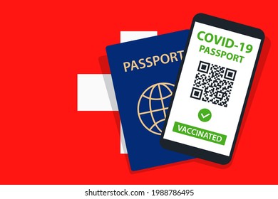 Covid-19 Pass auf Flaggenhintergrund der Schweiz. geimpft. QR-Code. Smartphone. Immune Health Certificate. Impfdokument. Vektorgrafik