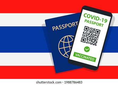 Covid-19 Passport on Thailand Flag Background. Vaccinated. QR Code. Smartphone. Immune Health Cerificate. Vaccination Document. Vector