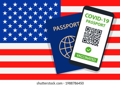 Covid-19 Passport On United States Flag Background. Vaccinated. QR Code. Smartphone. Immune Health Cerificate. Vaccination Document. Vector