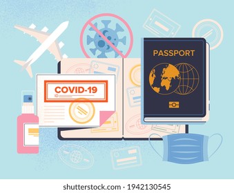 Covid-19 Passport for travel concept with vaccine, mask, sanitiser, virus icon eradicated after vaccination and certificate, flat colored vector illustration