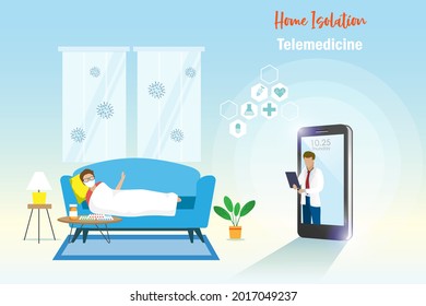 Covid-19 patient home isolation on sofa with doctor diganosis and give consultation on smart phone. Physical distancing, tele medicine and medical technology during covid-19 coronavirus pandemic.