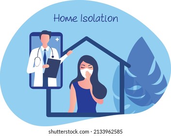 Covid-19 patient home isolation, sick women suffering with high fever with doctor consultation on smart phone vector illustration