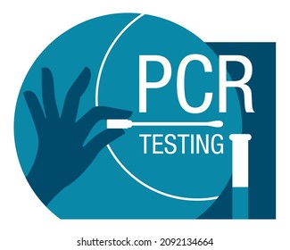 COVID-19 PCR testing - analysis for presence of antibodies - hands, swab stick and test tube in flat style