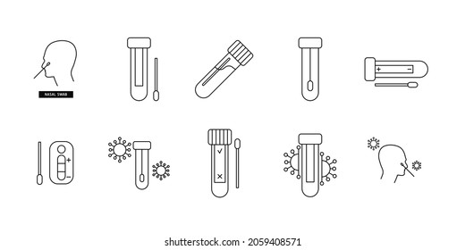 Covid-19 PCR Virus Test Vector Line Icon. Medical Laboratory Analysis Outline Logo. Pictogram Web Design Isolated Illustration. DNA Lab Swab Kit.