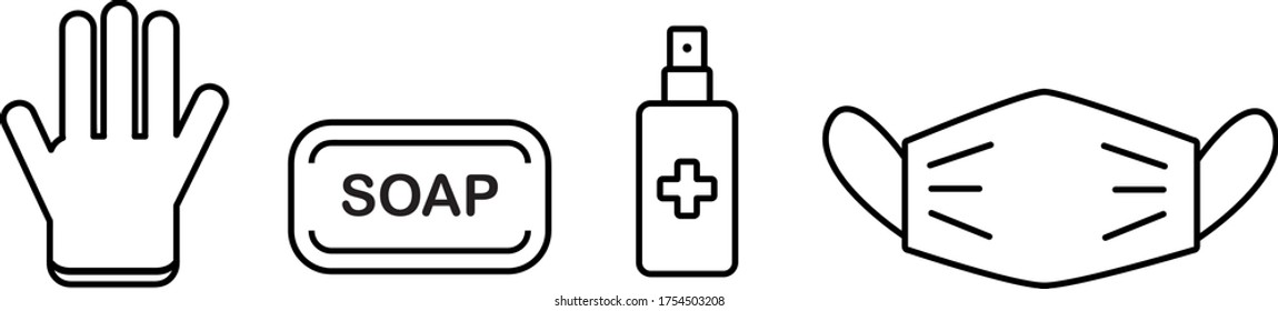 Covid19 Personal Protection Kit. Vector Line Illustration Contains Medical Mask, Soap, Antiseptic Spray And Rubber Glove. Coronavirus Precautions. Line Art. 