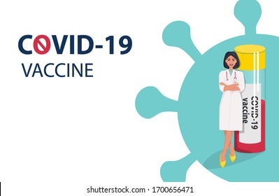 
Covid-19 population vaccination banner template. A doctor or nurse in a dressing gown with a stethoscope stands with a vaccine vaccine ampoule against a blue background. West illustration, background