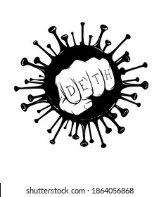 Covid-19 Poster. Hand clenched into a fist with the silhouette of the virus from behind and the inscription death