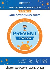 COVID-19. Posters with anti covid-19 measures. Protocols and Regulations. Basic covid protection measures. Temperature control, air renewal and virus free zone. Poster and banners covid-19
