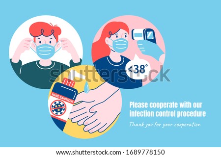 COVID-19 precaution promo, preventing the disease by wearing masks, regularly taking body temperature, and using hand sanitizer