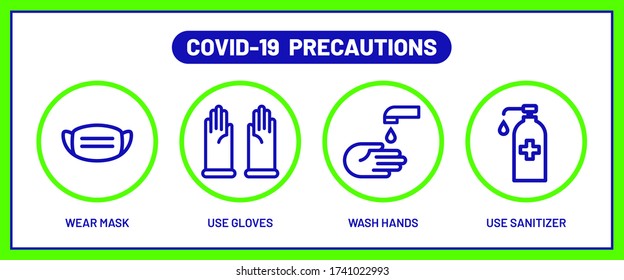 Covid-19 precautions banner. Mask, gloves, sanitizer and wash hands vector icon
