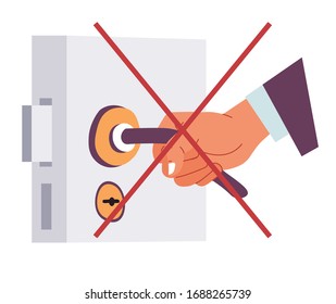 Covid19 precautions, person opening door in public place. Avoid touching objects and surfaces with bare hands. Prevention of virus, infections and bacteria. Isolated icon, vector in flat style