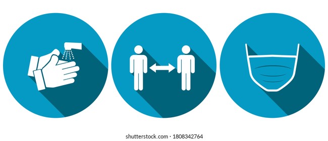 Covid-19 preventation symbols set. Clean your hands, maintain a safe distance, wear a mask.