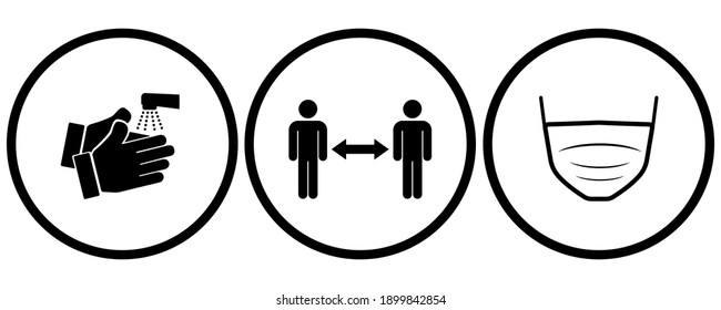 Covid-19 preventation symbols set. Clean your hands, maintain a safe distance, wear a mask