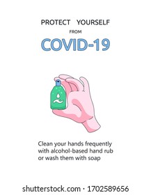 COVID-19 prevention banner poster. stop new coronavirus spreading. use sanitizer to help prevent virus infection. outbreak quarantine concept Isolated vector illustration on white background
