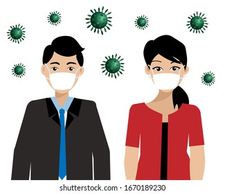 COVID-19 prevention. Businessman and woman wearing surgical mask with corona virus diseases  (COVID-19).  Vector Illustration. Idea for coronavirus outbreak, prevention and awareness.