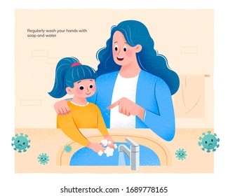 COVID-19 prevention concept, with mother teaching her child to protect herself from virus through washing hands properly