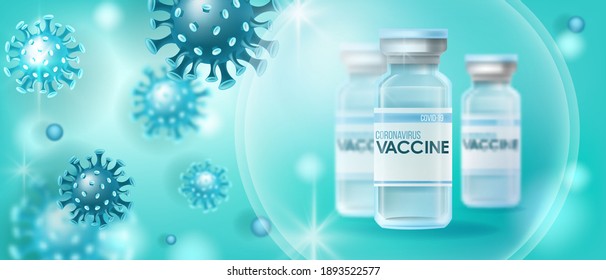 COVID-19 prevention, coronavirus vaccine blue concept with medical vial, disease molecule, bubble. Global pandemic scientific vector background. Coronavirus vaccine outbreak protection lab banner