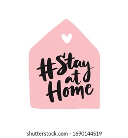Covid-19 prevention cute hand drawn sticker, coronavirus quarantine illustration. Lettering phrase - Stay home. Isolated vector phrase on white background for home awareness social media campaign.