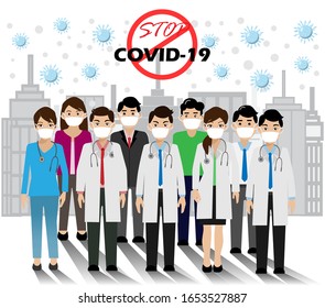 COVID-19 prevention. Doctor team standing, wearing face masks  fighting with coronavirus diseases  (COVID-19)  Vector Illustration. Idea for coronavirus outbreak, quarantine and prevention.