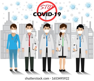 COVID-19 prevention. Doctor team wearing surgical face mask stand fighting with sign "Stop COVID-19", Idea for corona virus outbreak, prevention and awareness.