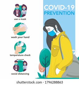 covid-19 prevention, education poster the new normal with girl face mask illustration, girl wearing a backpack vector illustration