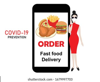 COVID-19 prevention fast food delivery mobile ordering concept vector illustration