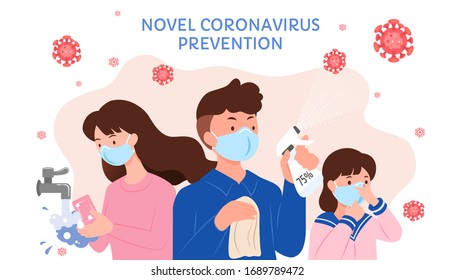 Covid-19 prevention flat style illustration with people wearing masks, washing hands and using alcohol spray to fight against virus